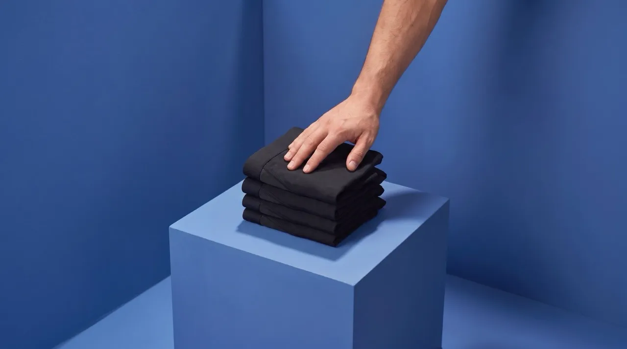 Een hand op opgevouwen zwarte boxers op een blauwe ondergrond.