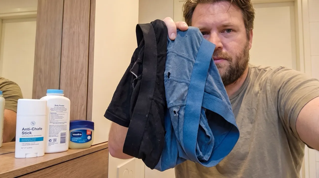 Man met een versleten onderbroek en producten tegen schuren.