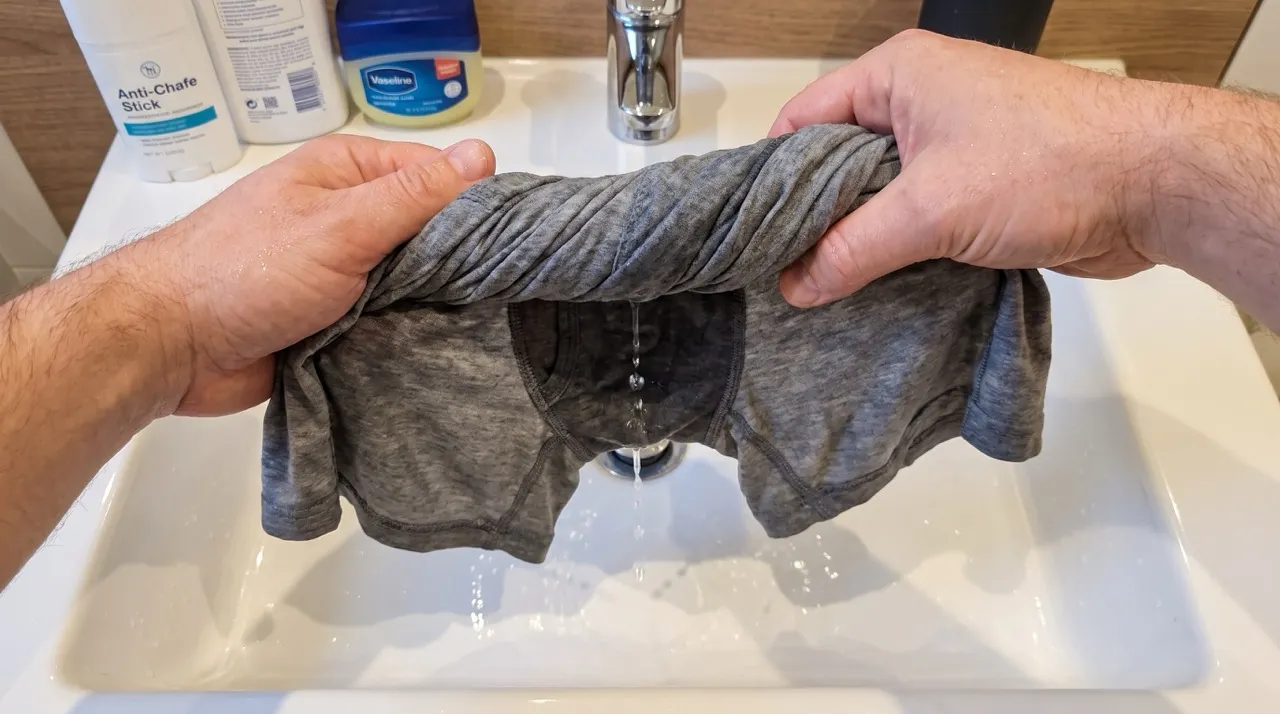 Handen wringen een doorweekte grijze katoenen onderbroek uit boven een wastafel.